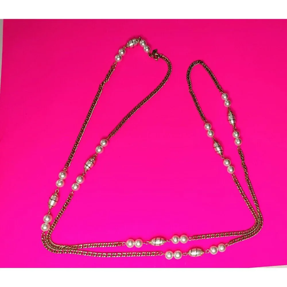 Sarah Coventry Vintage Gold Tone Chain Faux Pearl Pendant Long Necklace Jewelry - Picture 11 of 16